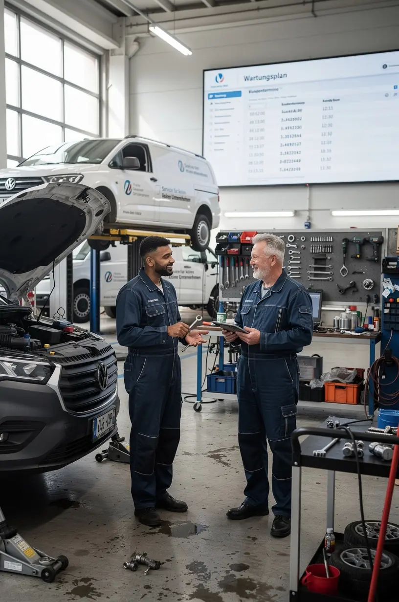Flottenmanager bespricht Wartungsplan mit Mechaniker, um effiziente Fahrzeugpflege für kleine Unternehmen zu gewährleisten.